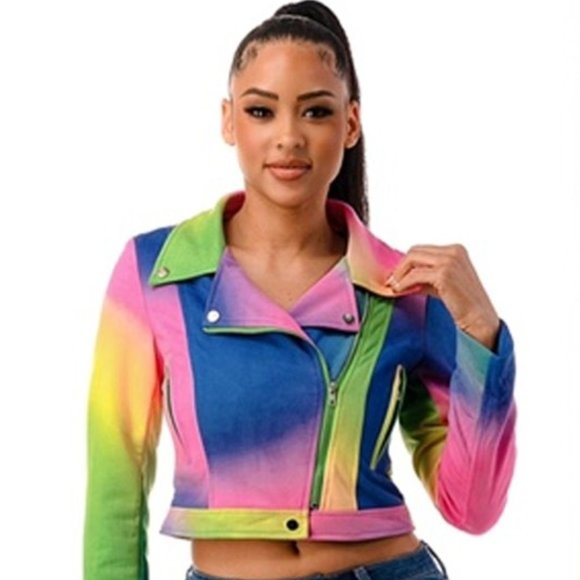 Love Highlight Jackets & Blazers - Love Highlight Women's Splash of Color Long Sleeves Painted Biker Jacket
